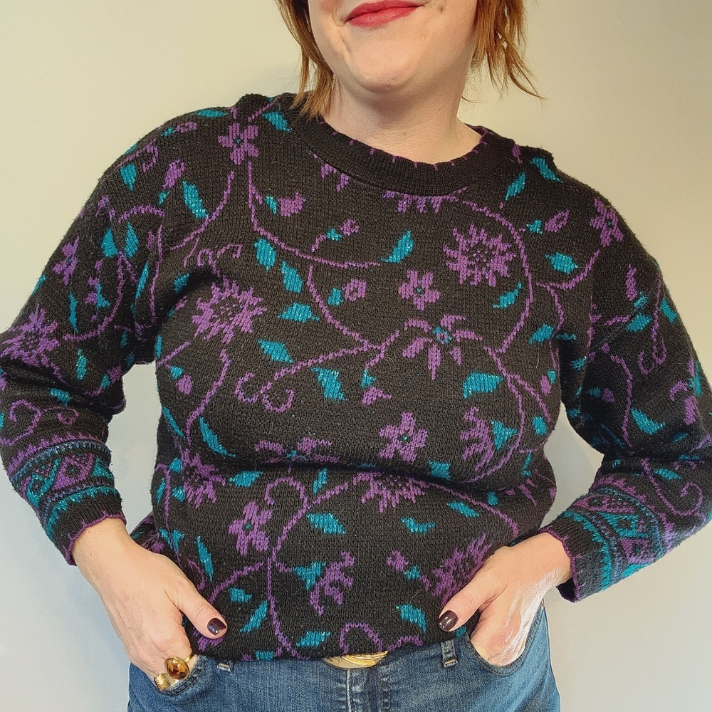 80s Glam Dana Scott Black & Purple Sparkle Sweater